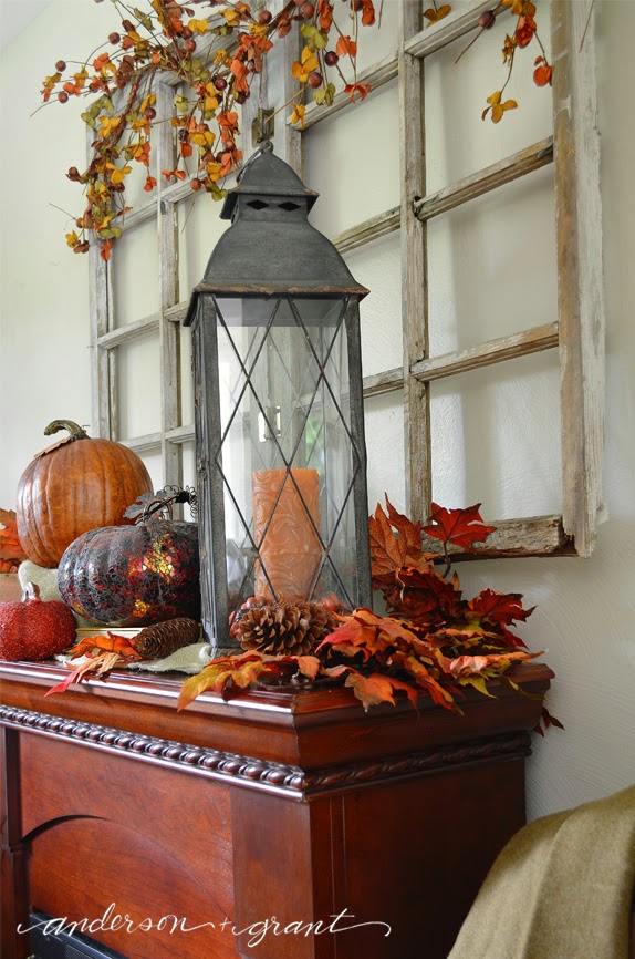 right side of lantern in fall mantel display
