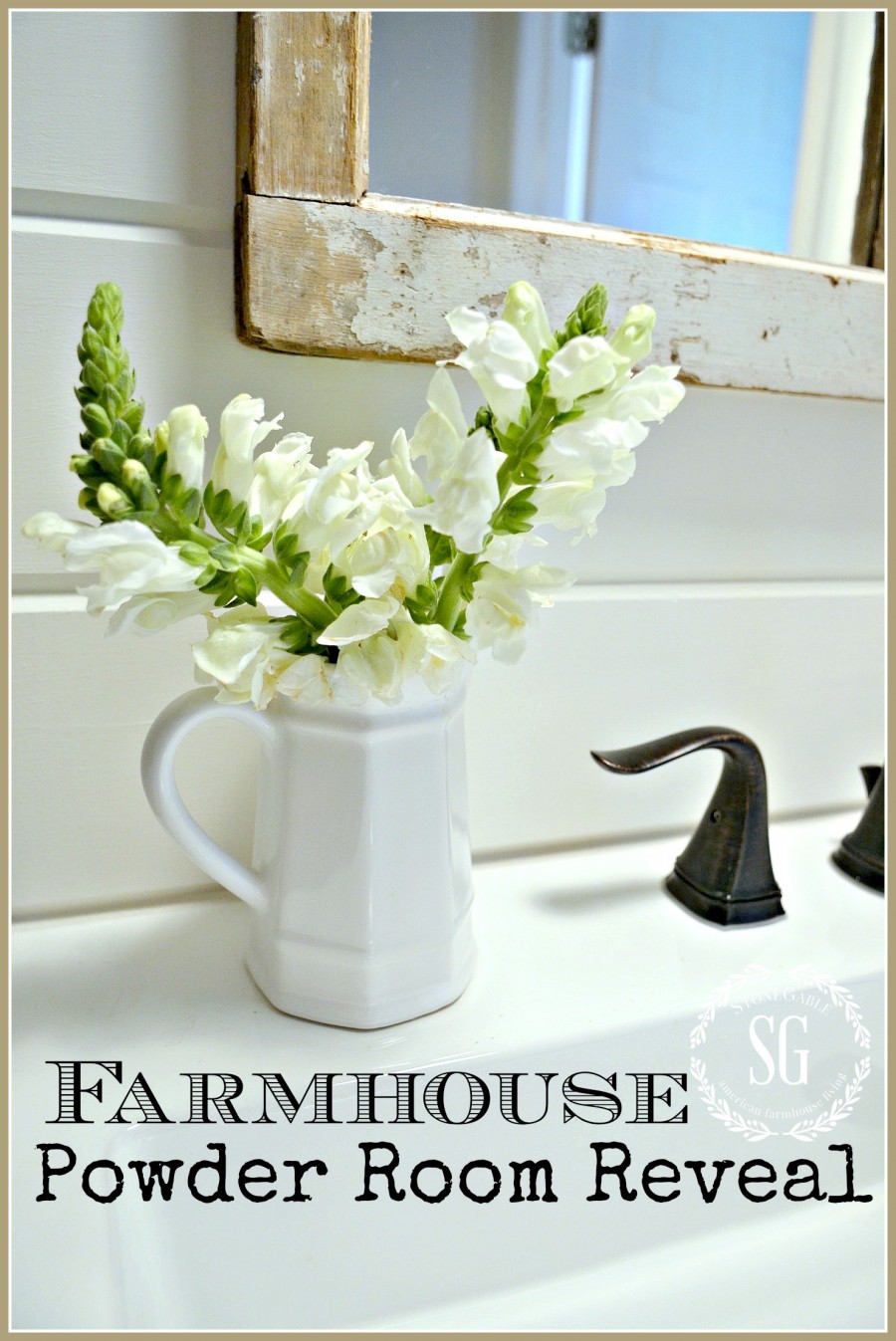 FARMHOUSE POWDER ROOM REVEAL- A simple white farmhouse bathroom-stonegableblog.com