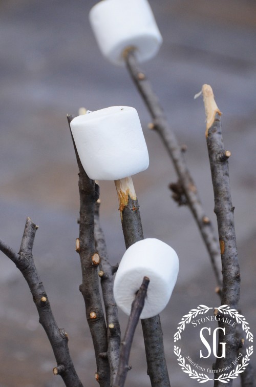 S'more Bar By The Firepit-marshmallow on apple sticks-stonegableblog.com