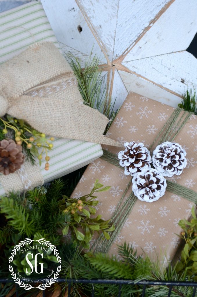 CHRISTMAS GIFT WRAP-packages tuck in christmas greens-stonegableblog.com