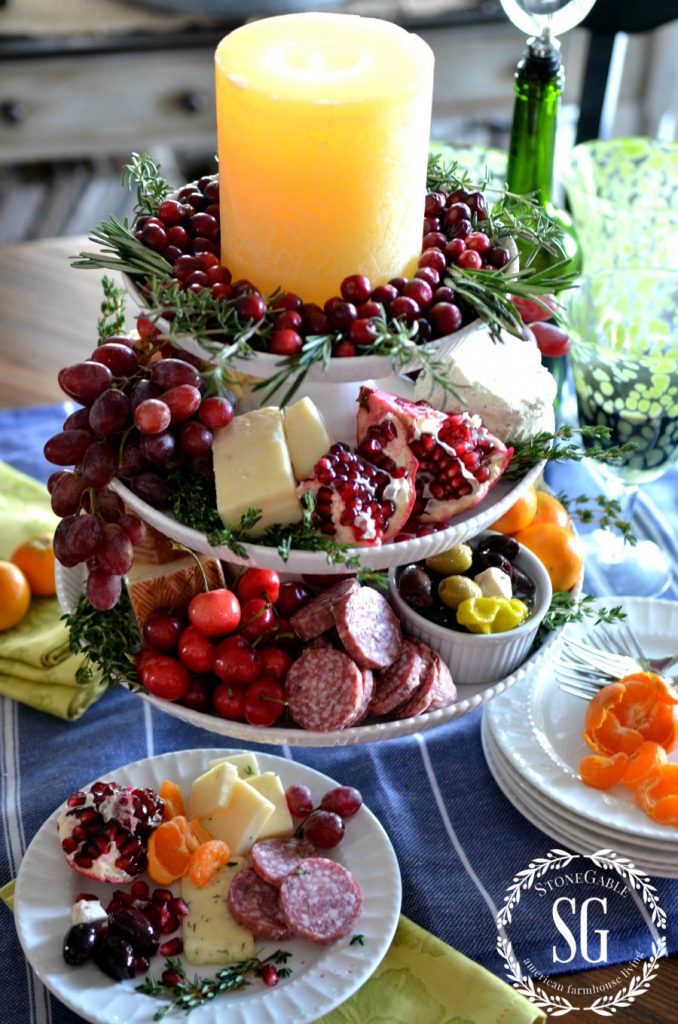 DECOR STEALS-vertical cheese board-with wine and fruit and meats-stonegableblog.com