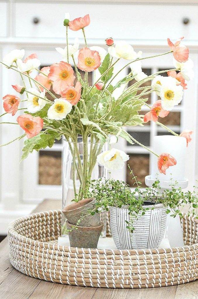 PEACH AND IVORY FAUX POPPIES IN A VIGNETTE