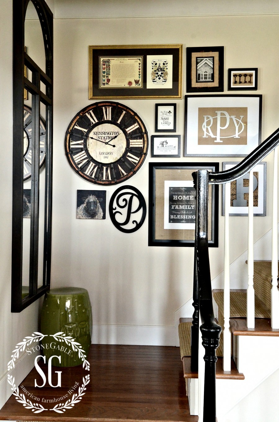 ADDING A CLOCK TO WALL ART GALLERY- wall art gallery with clock-stonegableblog.com