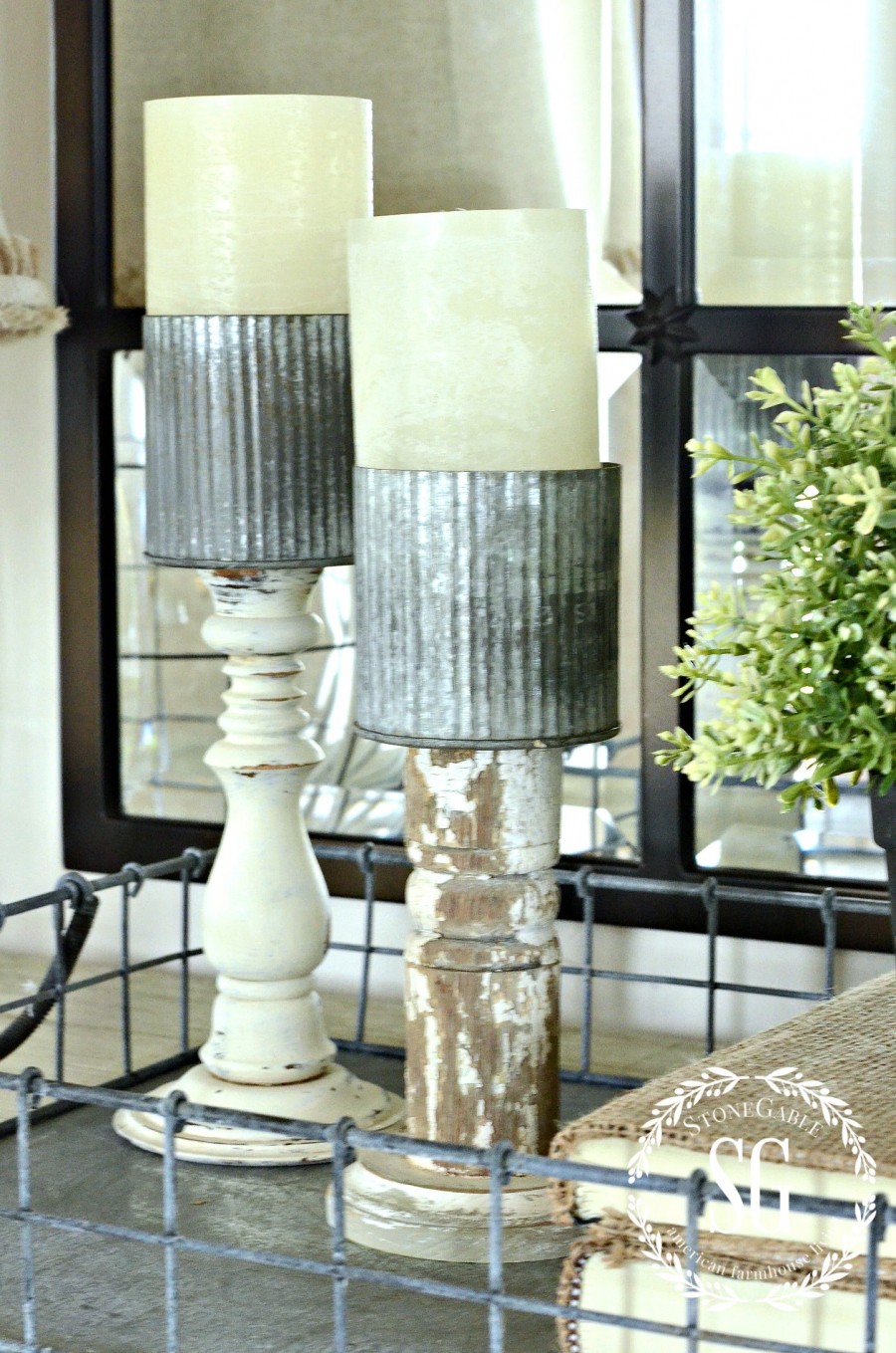 BUFFET IN FOYER-chippy candlesticks with tin tops-stonegableblog.com