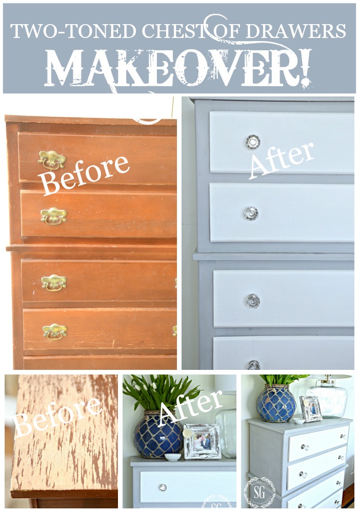 TWO TONED PARIS GREY AND WHITE CHEST OF DRAWERS DIY- just like magic-stonegableblog.com