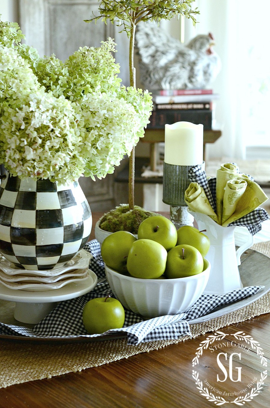 EARLY FALL AND GREEN APPLES- The perfect kitchen table display for early fall. So simple to make-stonegableblog.com