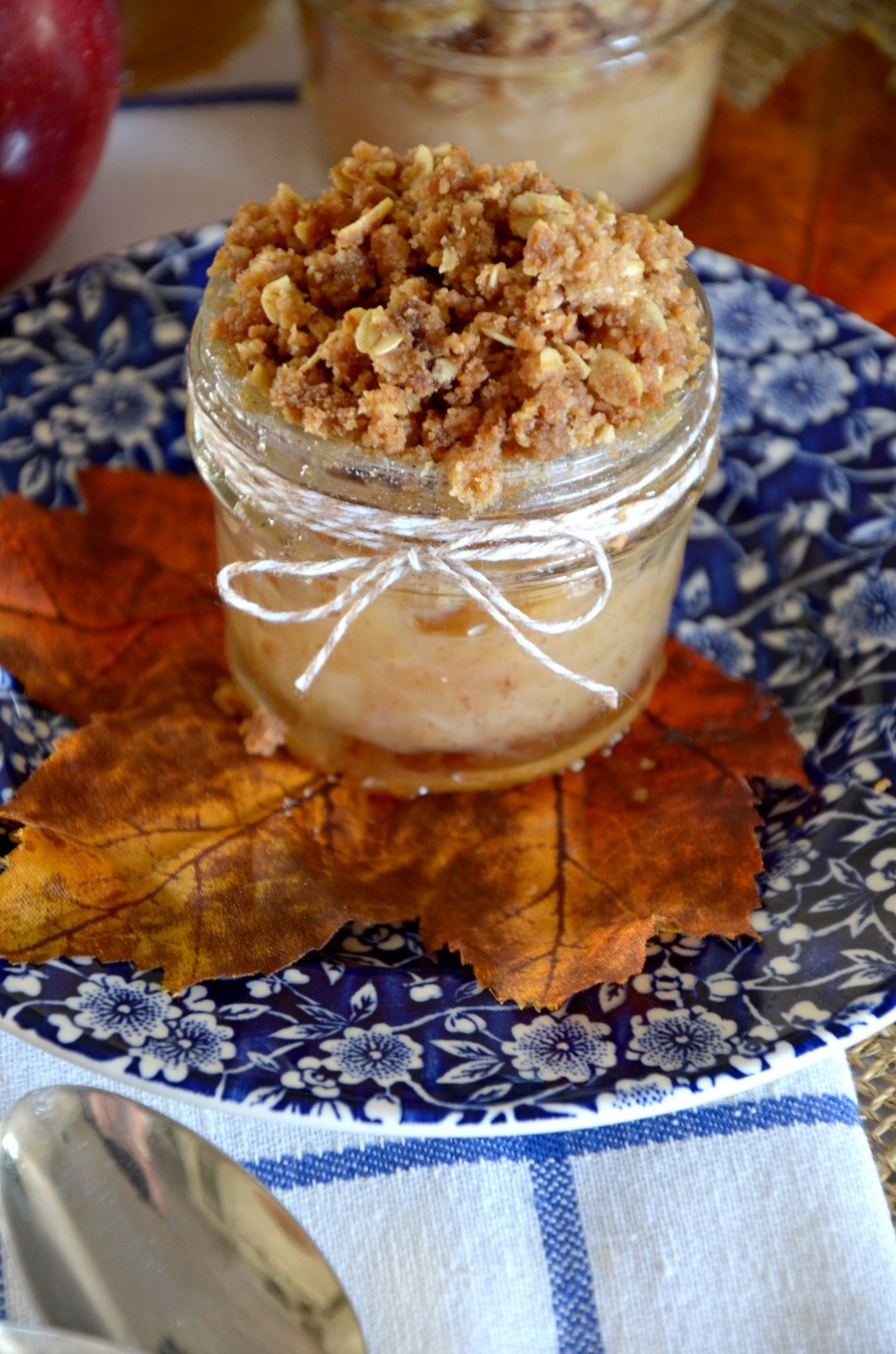APPLE CRISP IN MASON JARS-Classic, scrumptious apple crisp in cute jars!- A very fun fall dessert-stonegableblog.com