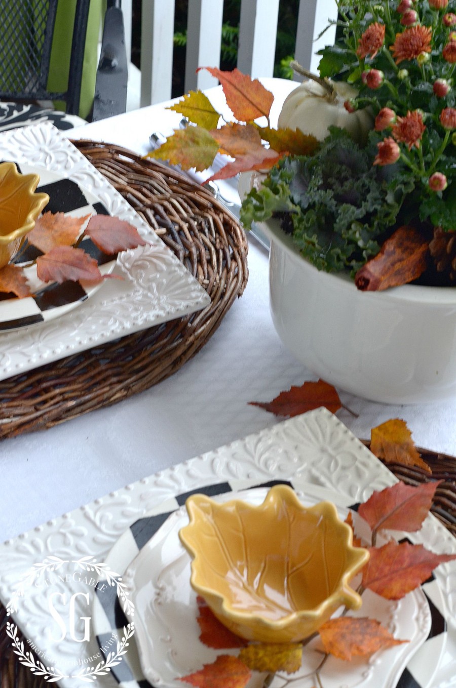 FALL TABLESCAPE ON THE BACK PORCH-Setting an eary fall table with autumnal colors and elements-stonegableblog.com