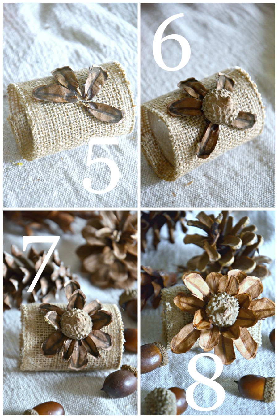 PINECONE AND ACORN FLOWER NAPKIN RINGS-Anyone can make these gorgeous, organic napkin rings with a toilet paper roll, a scrap of burlap and some organic bit and pieces!