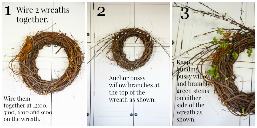 BEAUTIFUL BRAMBLY SPRING WREATH- Easy to make spring wreath with pussy willows, moss and nests. All perfect for spring!
