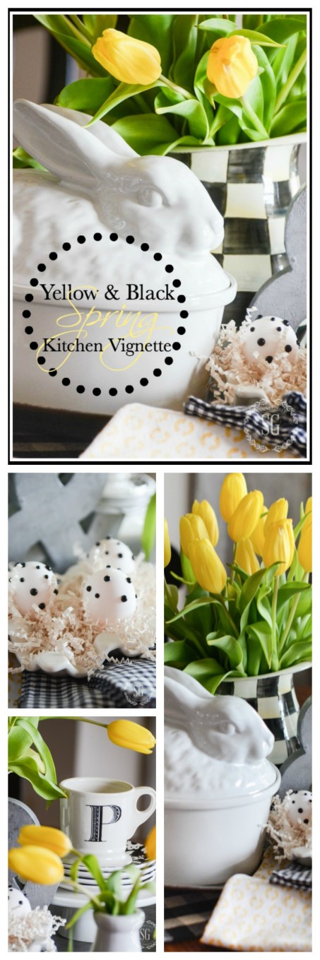 YELLOW AND BLACK SPRING KITCHEN VIGNETTE -White rabbit soup tureen, black and white checks and BRIGHT yellow tulips!