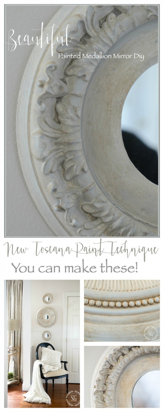 BEAUTIFUL PAINTED MEDALLION MIRROR DIY- Change a plastic ceiling medallion into a work of art mirror. Easy diy with loads of instructions and images.