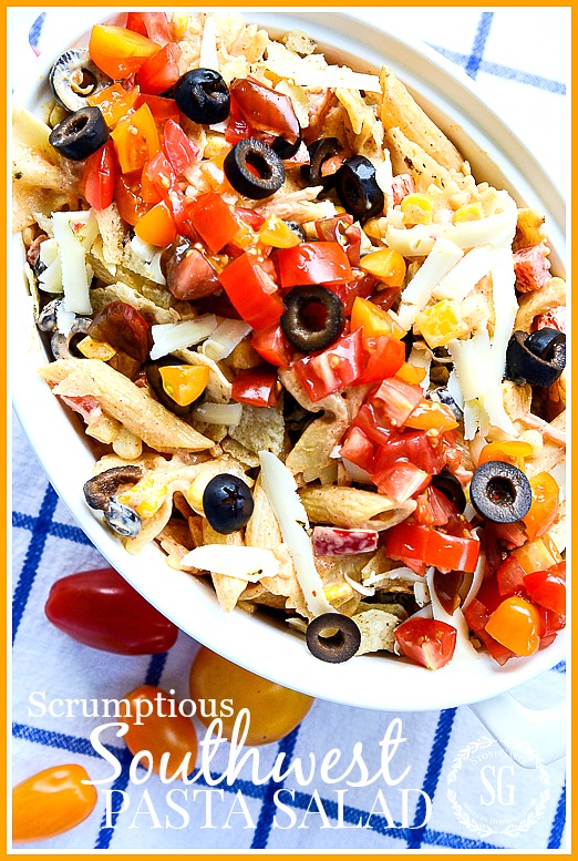 SCRUMPTIOUS SOUTHWEST PASTA SALAD. A perfect salad for a summer get-together. Add chicken and it is a meal.