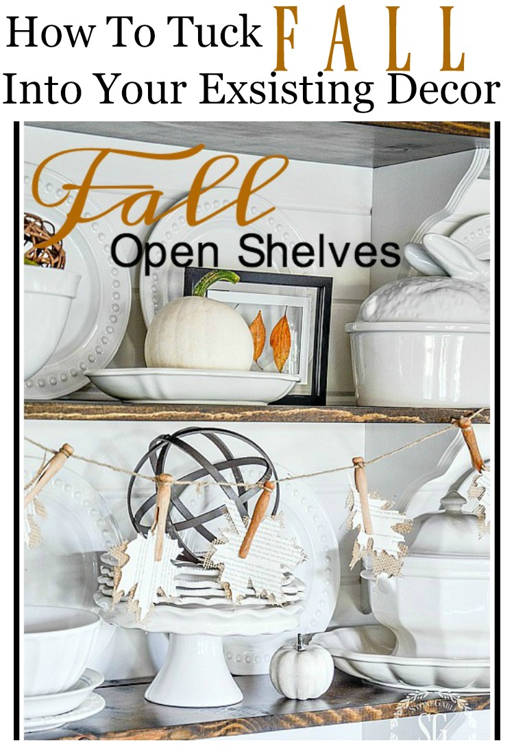 FALL OPEN SHELVES- White dishes, fall accents and burlap leaves.