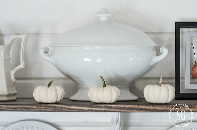FALL OPEN SHELVES- White dishes, fall accents and burlap leaves.