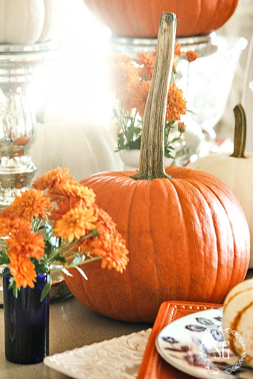 BLUE AND WHITE AND FALL TABLESCAPE- A fall tablescape celebrating the abundance of pumpkins!