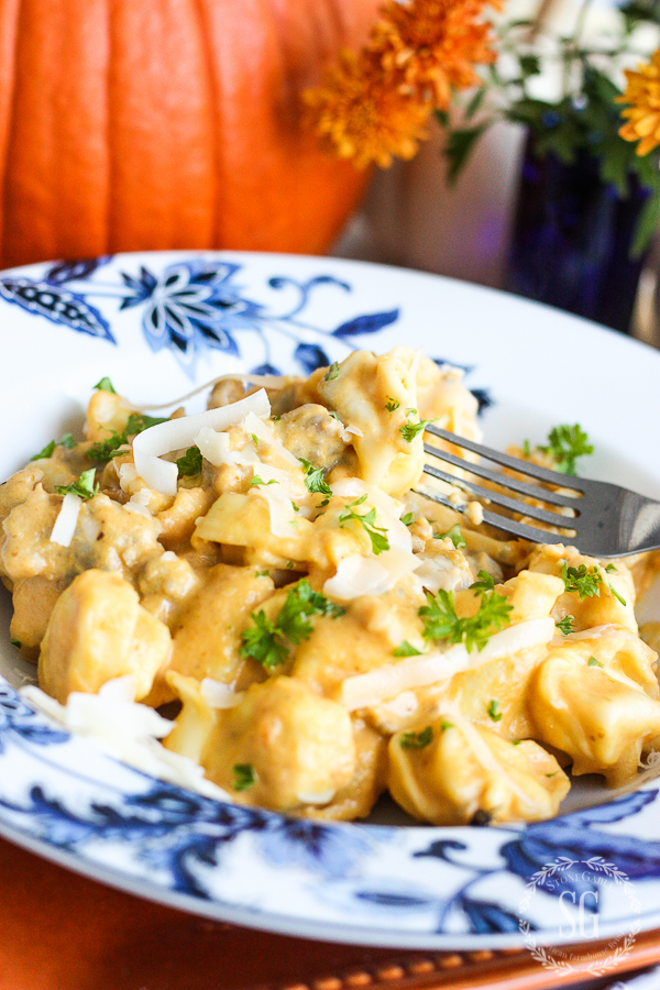 CHEESE TORTELLINI WITH SAUSAGE AND PUMPKIN PARMESAN CREAM SAUCE- A 30 minute meal that is company worthy but easy enough to make as a family meal!