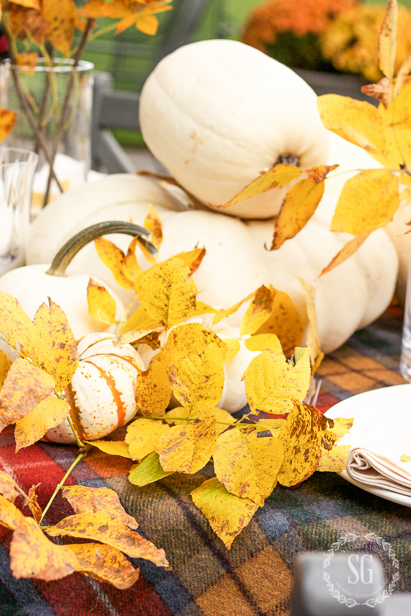 THANKSGIVING IDEAS- OUTDOOR TABLESCAPE WITH WHITE PUMPKINS AND BEAUTIFUL LEAVES