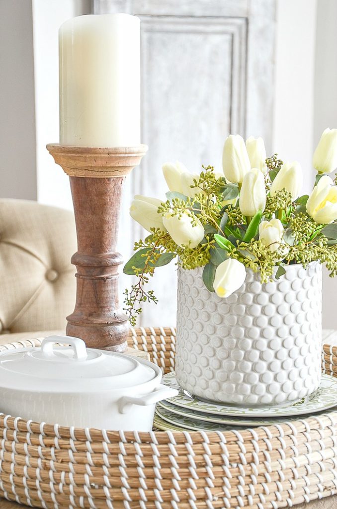 faux spring flowers in a vignette