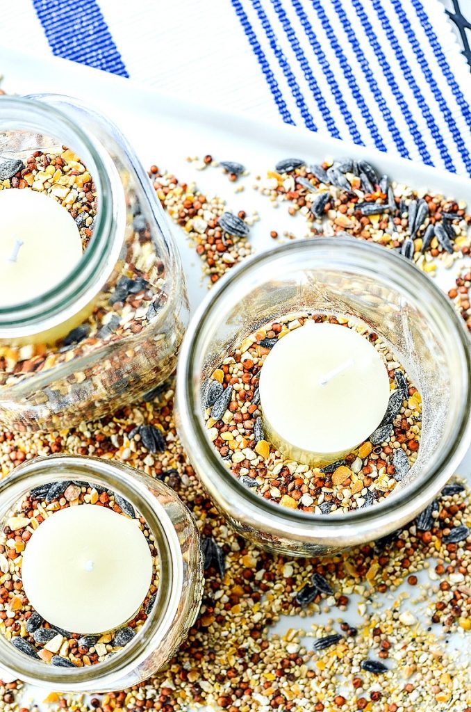 birdseed in mason jars with a citronella candles on top of the birdseed