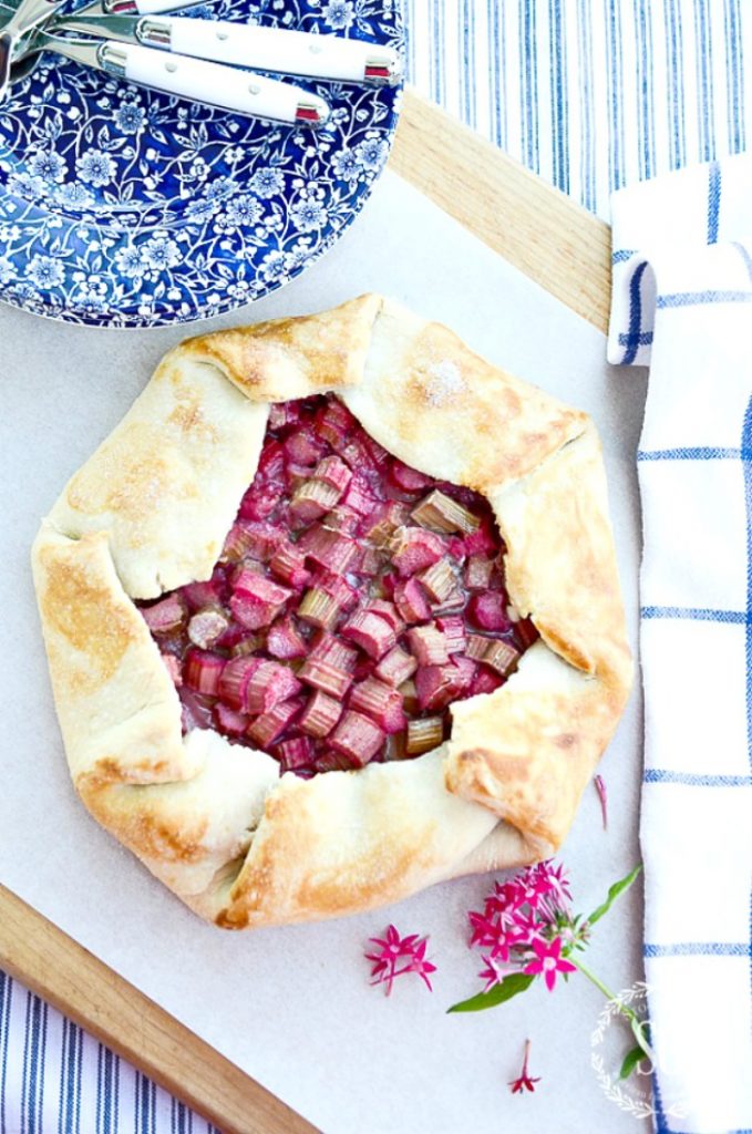 rhubarb galette with blue and white plates summer dessert recipe