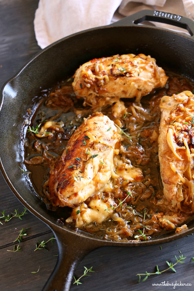 caramelized chicken breasts in a cast iron skillet on the menu
