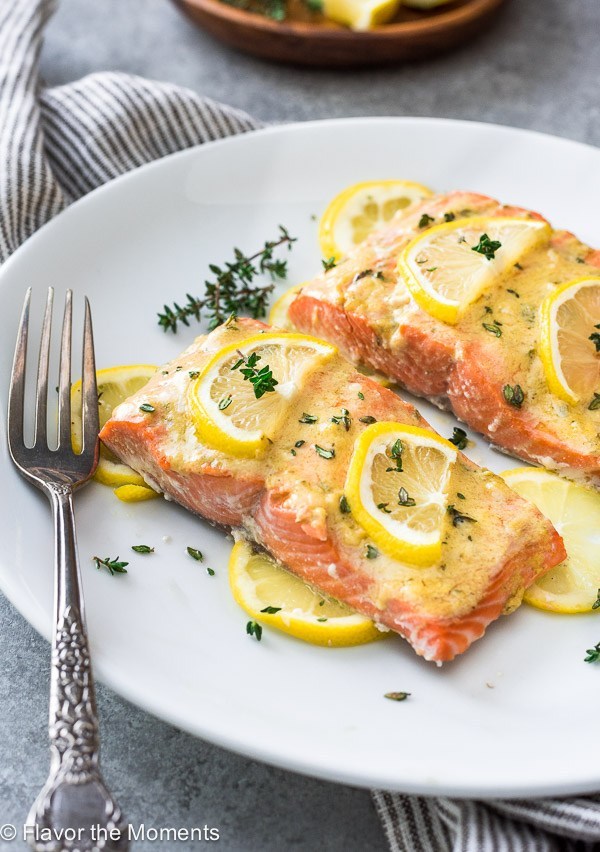 lemon salmon on a white plate