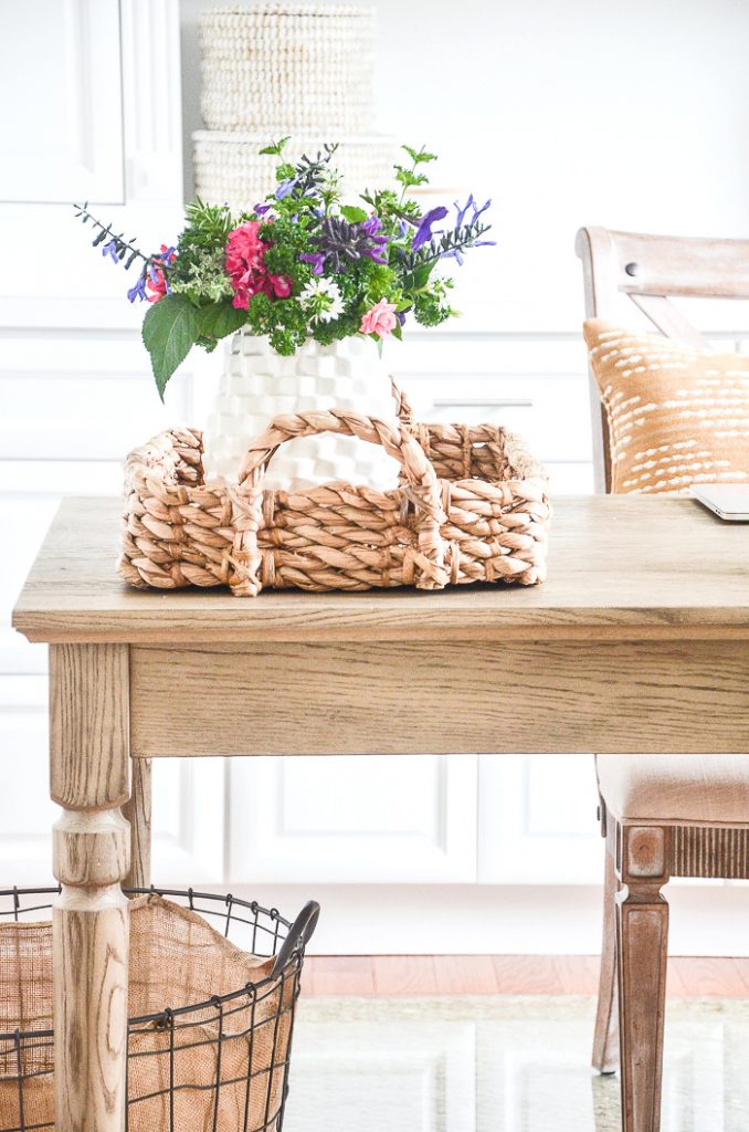 CLOSE UP OF A DESK WITH A BASKET ON IT AND A VASE OF FLOWERS