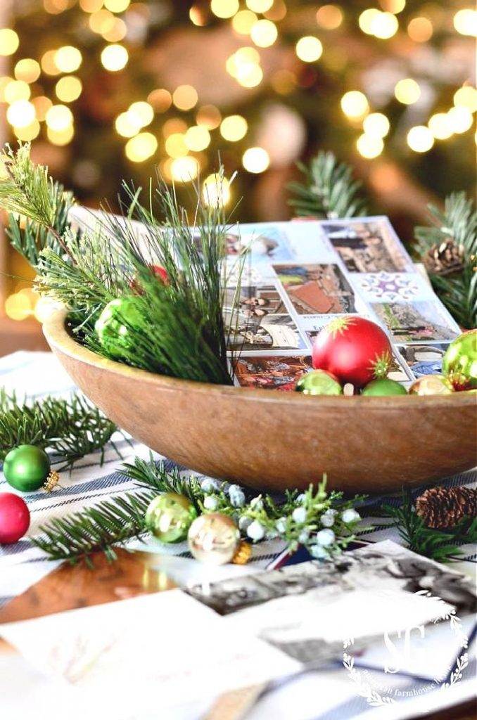 CHRISTMAS CARDS IN A WOODEN BOWL