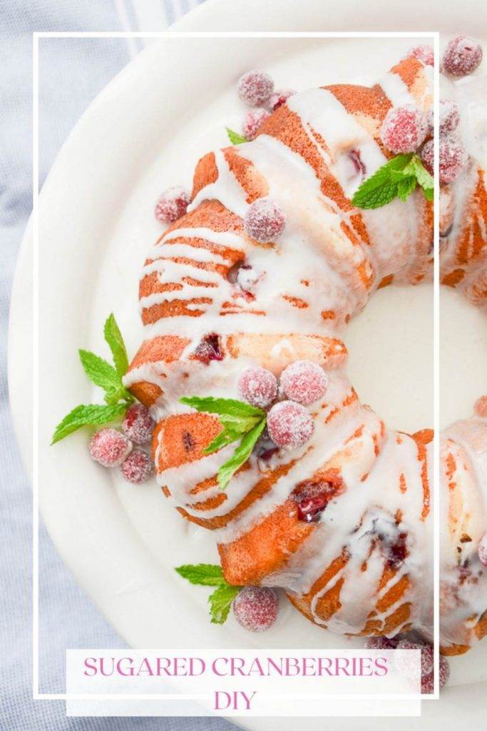 A CRANBERRY ORANGE BUNDT CAKE  DECORATED WITH SUGARED CRANBERRIES AND MINT LEAVES.
