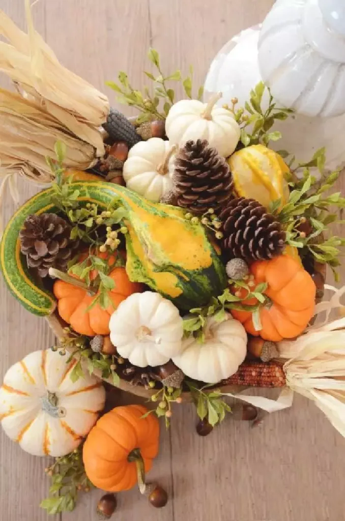 fall natural dough bowl arranegment with mini pumpkins