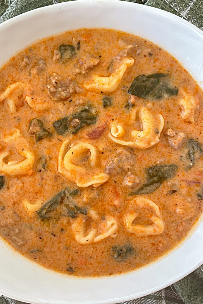 close up of tortellini soup