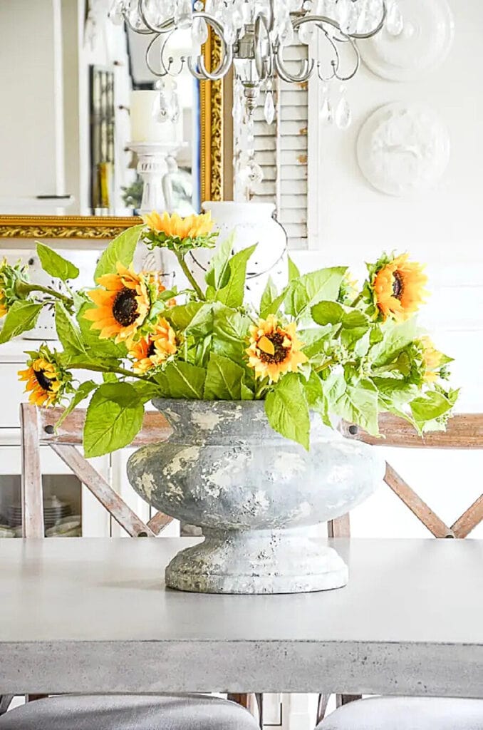DECORATING WITH SUNFLOWERS- FAUX SUNFLOWERS IN AN URN
