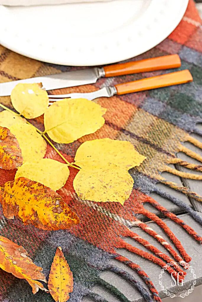 THANKSGIVING IDEAS- OUTDOOR TABLESCAPE WITH WHITE PUMPKINS AND BEAUTIFUL LEAVES