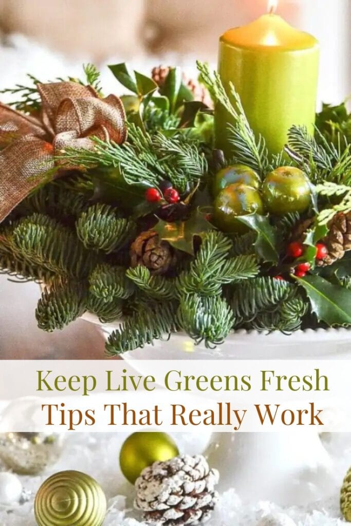 KEEPING LIVE CHRISTMAS GREENS FRESH- BEAUTIFUL WREATH USED AS A CENTERPIECE WITH A GREEN CANDLE