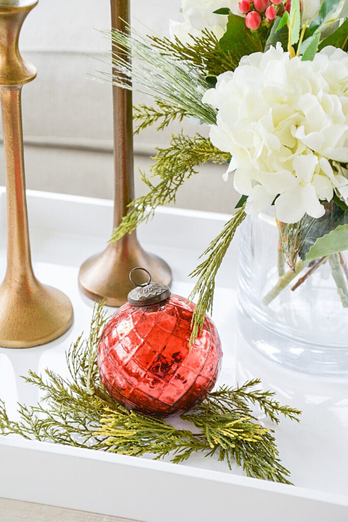 decorating a small space for Christmas- red Christmas ball