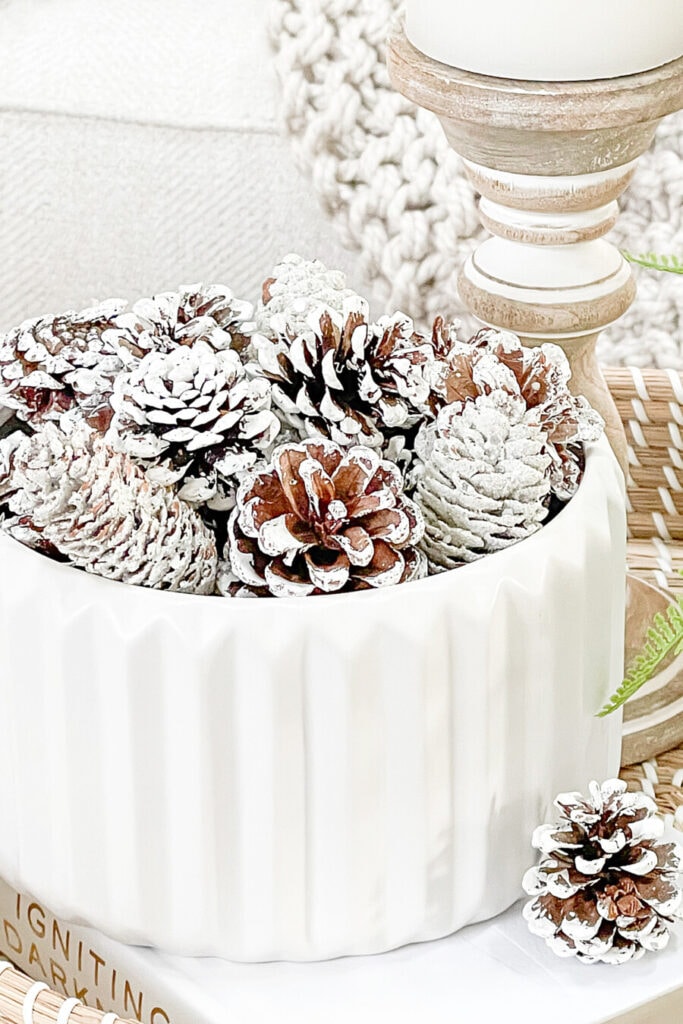 a white fluted bowl of snowy painted pinecones.