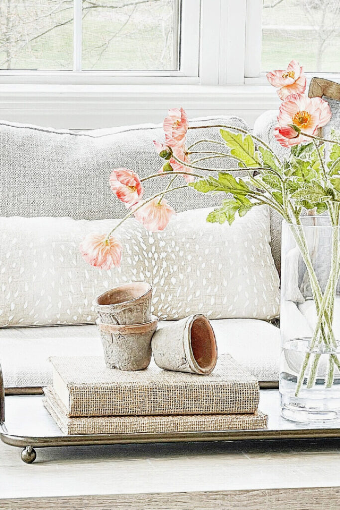 spring vignette on a coffee table