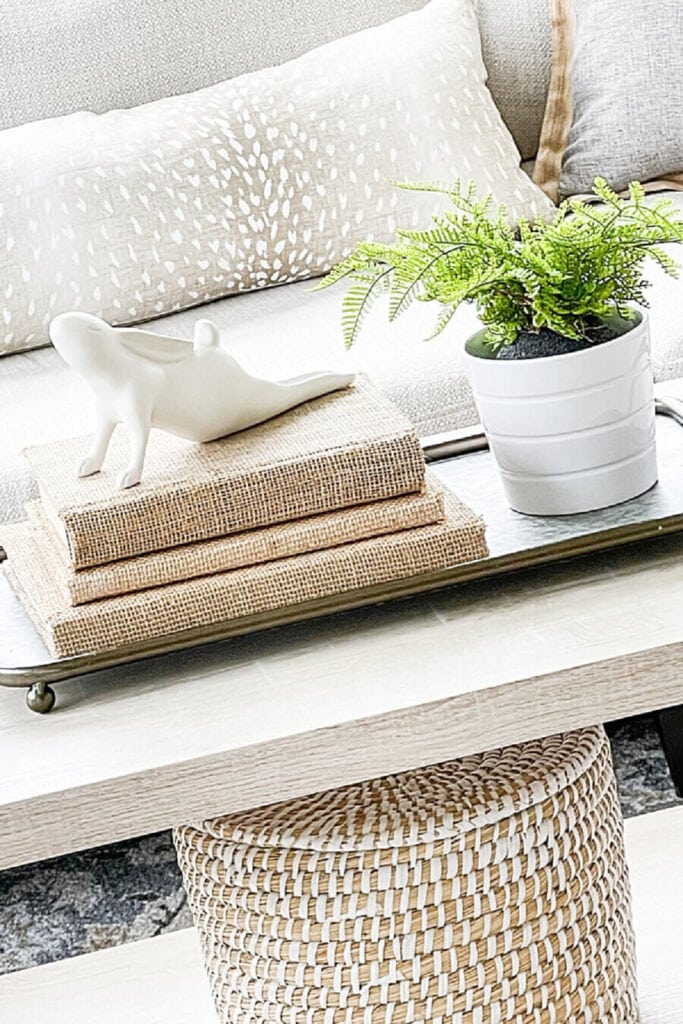 SPRING DECOR IDEAS- a spring vignette using a tray, books, a white bunny and a fern