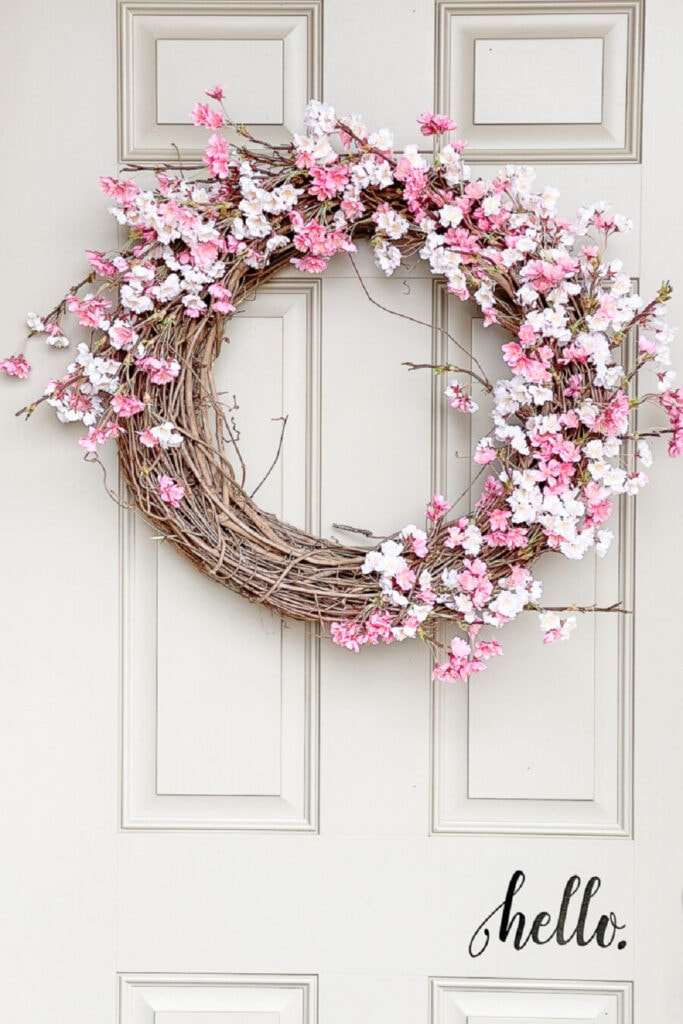 Spring Decor Ideas- Cherry Blossom Wreath on the front door