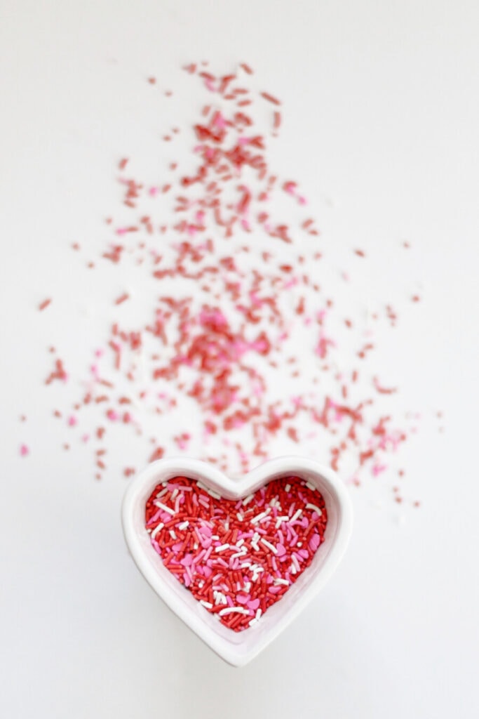 heart shaped dish filled with sprinkles