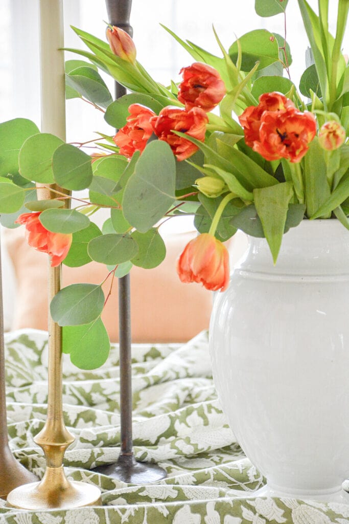 table centerpiece ideas- TULIPS AND EUALYPUUS