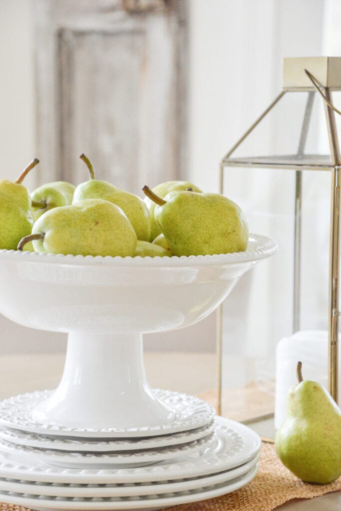 table centerpiece ideas-PEARS IN A PEDESTAL BOWL