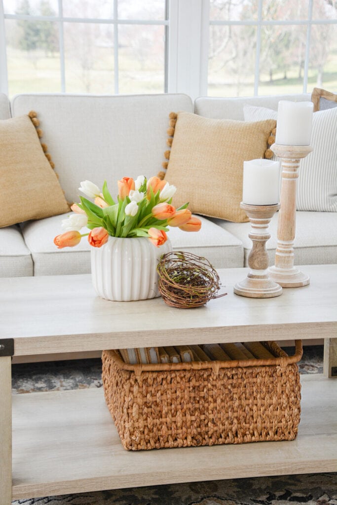 spring home tour- tulips and a nest on coffee table