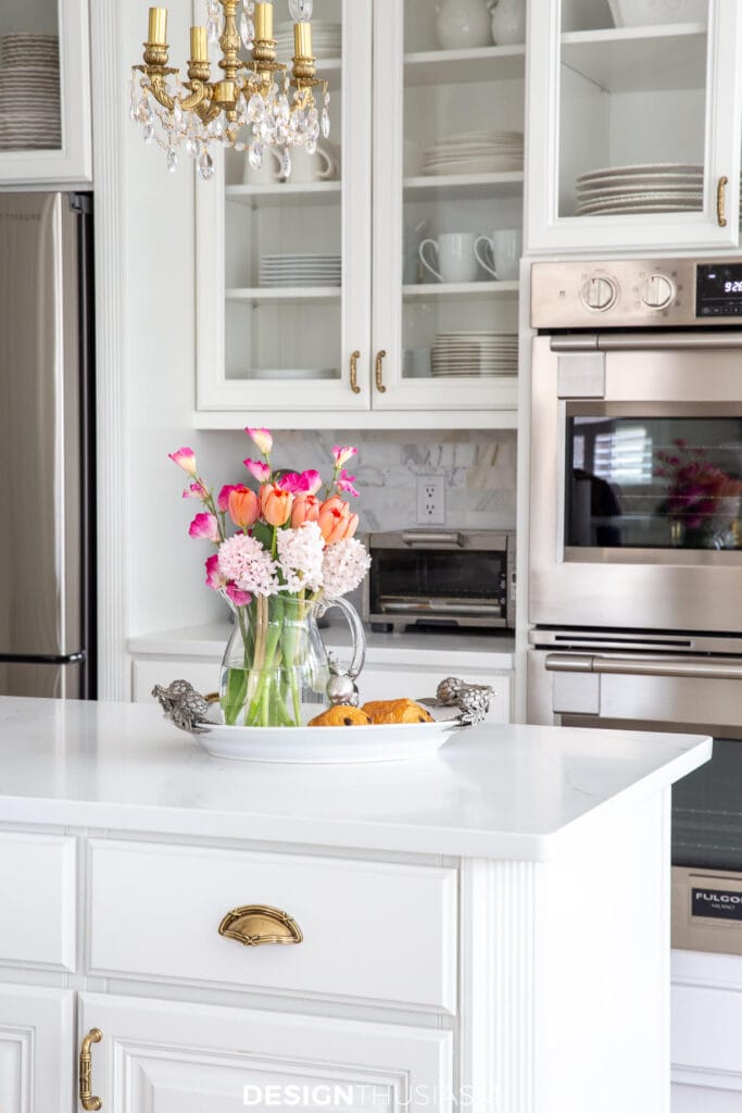 kitchen with flowers on the counter