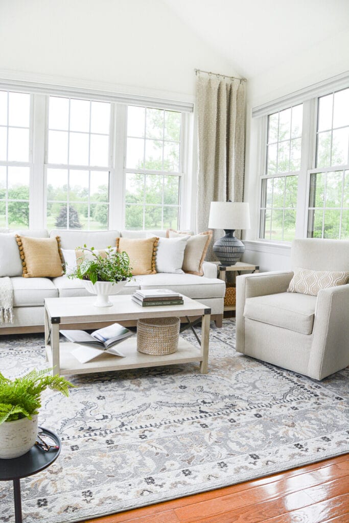 SUMMER HOME TOUR- SUNROOM WITH SOFA AND SWIVEL CHAIR