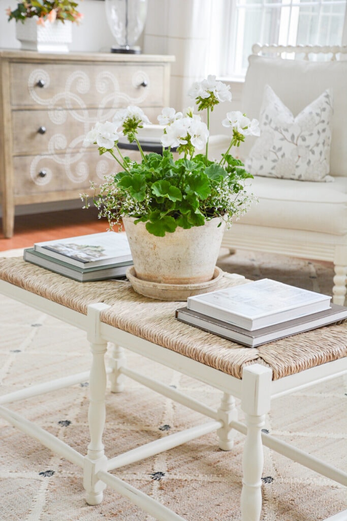 SUMMER HOME TOUR- COFFEE TABLE WITH A POTTED GERANIUM
