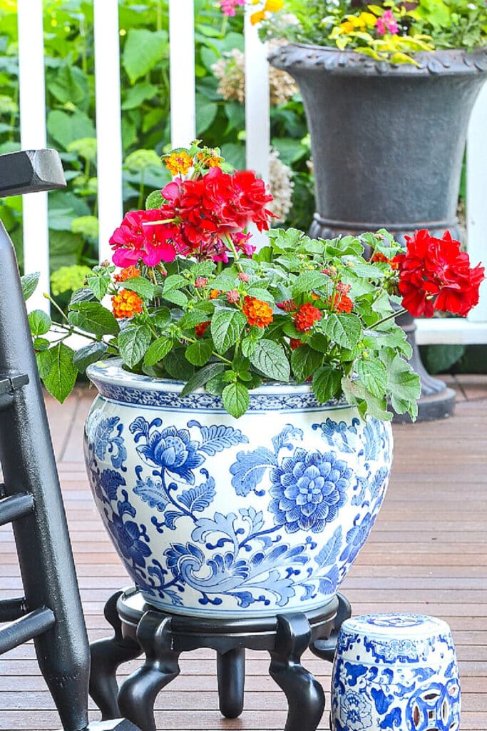 fish bowl container garden with summer annuals