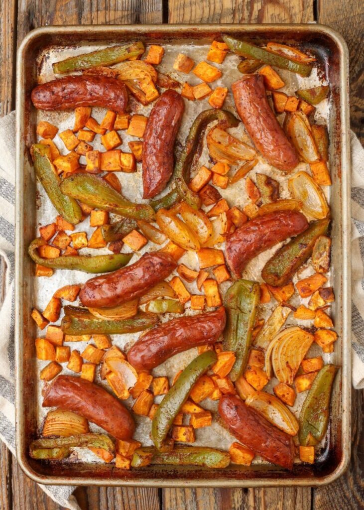 Sheet Pan Sweet Potatoes And Sausage With Green Bell Peppers And Onions