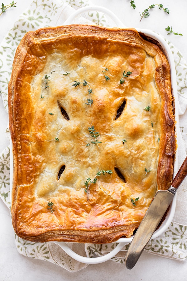 A BEEF PIE WITH A PUFF PASTRY TOP
